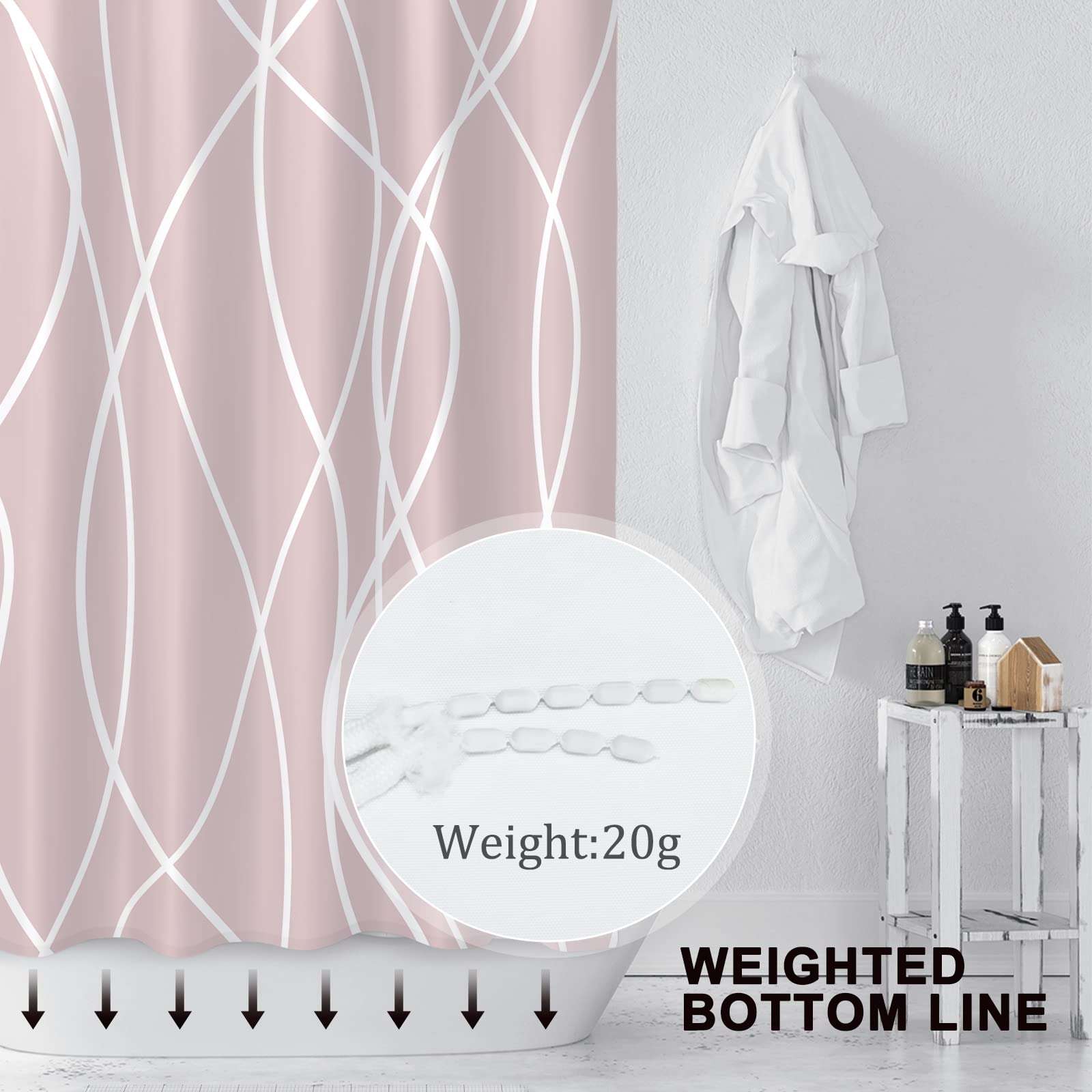 Punkray Pink Shower Curtain For Bathroom With Hooks Shower Curtain Set,White Stripe Bath Curtains Decorative Shower Curtains Wat